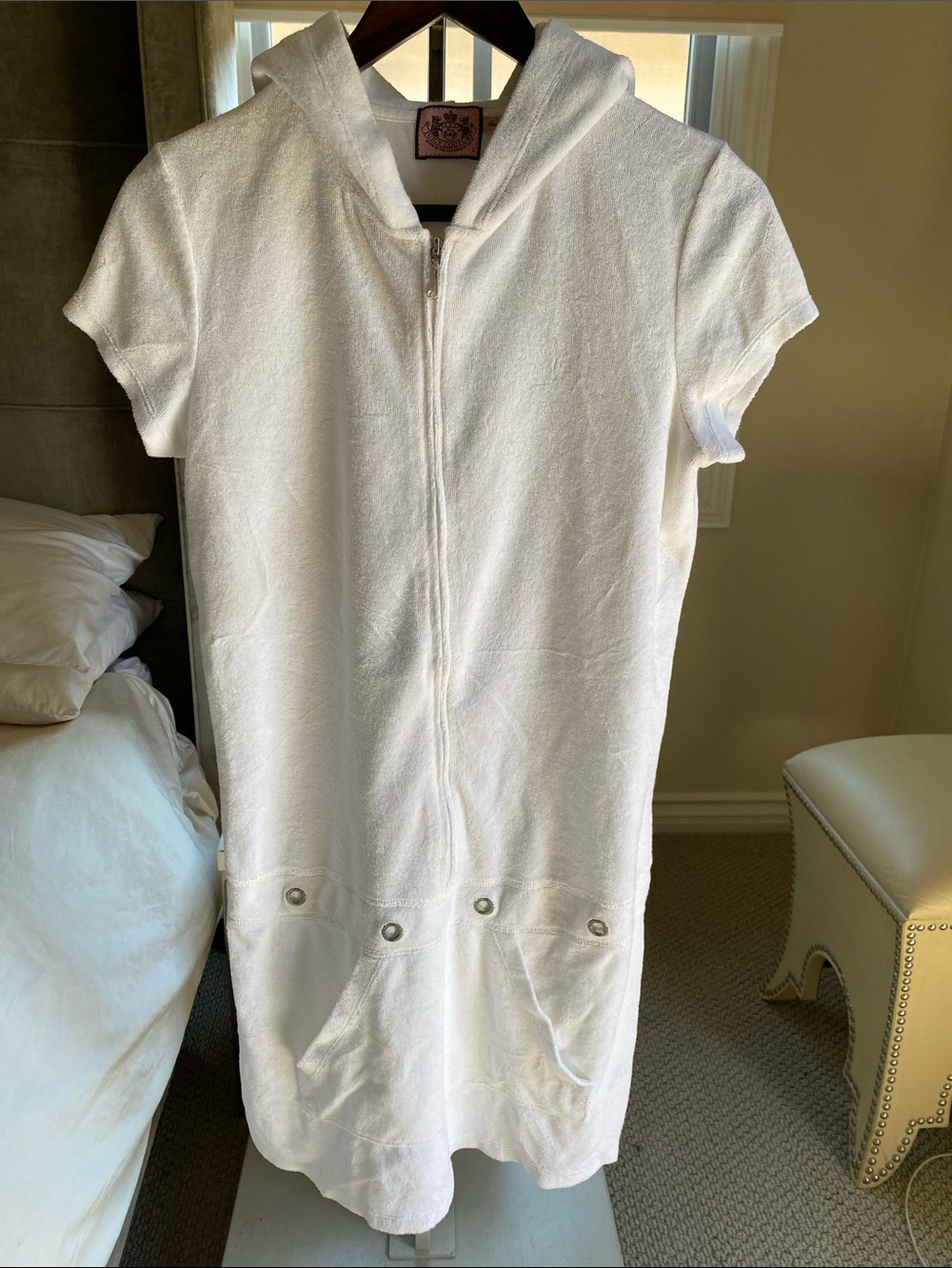 Juicy Couture White Hooded Terry Zip-Up Dress